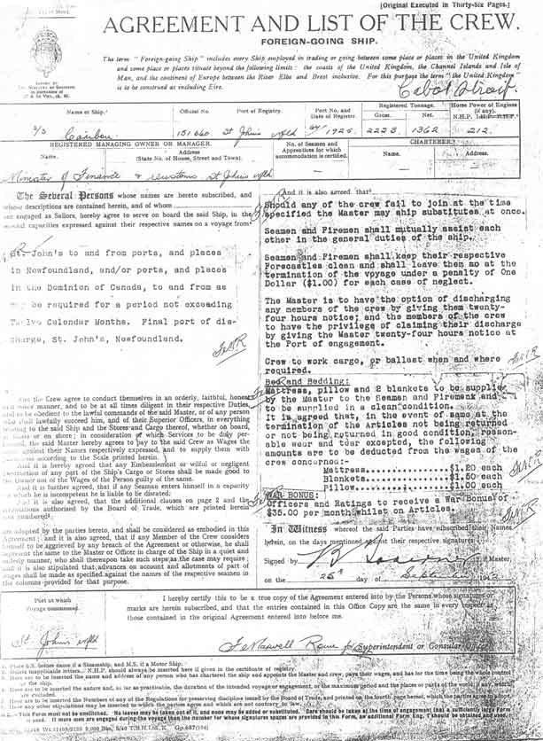 Agreement and List of Crew for the S.S. Caribou - Page 1 - L'accord et la liste de Servent d' quipier pour S.S. Caribou - la page 1