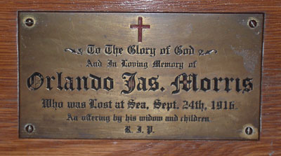 Plaque in memory of Orlando James Morris, located in Trinity's Mortuary Chapel - Plaque dans la mémoire d'Orlando James Morris, située dans la chapelle mortuaire de Trinity